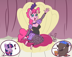 Size: 2400x1900 | Tagged: safe, artist:erenerakhard, derpibooru import, chief thunderhooves, little strongheart, pinkie pie, twilight sparkle, anthro, over a barrel, barefoot, breasts, burlesque, cleavage, clothes, dress, feet, saloon dress, saloon pinkie, varying degrees of do not want, you gotta share