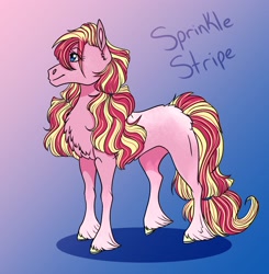 Size: 2480x2530 | Tagged: safe, artist:inisealga, derpibooru import, earth pony, pony, abstract background, alternate design, blaze (coat marking), coat markings, facial markings, female, gradient background, mare, pony trail, socks (coat marking), solo, sprinkle stripe