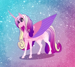 Size: 1868x1680 | Tagged: safe, artist:inisealga, derpibooru import, princess cadance, alicorn, pony, abstract background, coat markings, colored wings, curved horn, female, folded wings, gradient background, horn, mare, socks (coat marking), solo, sparkly background, wings