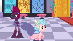 Size: 1249x704 | Tagged: safe, artist:swiftgaiathebrony, derpibooru import, cozy glow, fizzlepop berrytwist, tempest shadow, pegasus, pony, unicorn, choker, clothes, dress, duo, female, filly, gala dress, mare, tempest gets her horn back