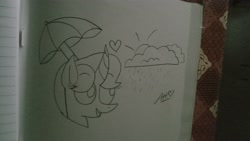 Size: 4160x2352 | Tagged: safe, artist:guruyunus17, derpibooru import, spring rain, pony, unicorn, cloud, heart, monochrome, open mouth, photo, solo, sun, traditional art