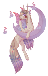 Size: 808x1275 | Tagged: safe, artist:luuny-luna, derpibooru import, oc, oc:elowyn, pegasus, pony, blood, butterfly wings, commission, crescent moon, female, mare, moon, simple background, solo, tangible heavenly object, transparent background, transparent moon, wings, ych result