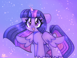 Size: 4000x3000 | Tagged: safe, artist:bunxl, derpibooru import, twilight sparkle, twilight sparkle (alicorn), alicorn, pony, :3, abstract background, anime, cute, ears, floppy ears, open mouth, smiling, solo, sparkles, spread wings, starry eyes, stars, twiabetes, wingding eyes, wings