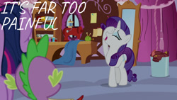 Size: 1280x720 | Tagged: safe, derpibooru import, edit, edited screencap, editor:quoterific, screencap, rarity, spike, twilight sparkle, twilight sparkle (alicorn), alicorn, dragon, pony, unicorn, ppov, season 6, carousel boutique, drama queen, eyes closed, female, male, mare, open mouth, trio