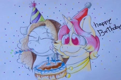 Size: 960x634 | Tagged: safe, artist:millefaller, derpibooru import, earth pony, pony, unicorn, bust, cake, eyes closed, food, happy birthday, hat, party hat, party horn, simple background, smiling, traditional art, white background