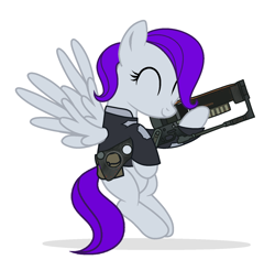 Size: 1488x1403 | Tagged: safe, artist:housston, derpibooru import, oc, oc only, oc:morning glory (project horizons), pegasus, clothes, commission, fallout, female, gun, laser rifle, mare, simple background, weapon, white background, ych result