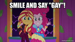 Size: 800x450 | Tagged: safe, derpibooru import, edit, edited screencap, screencap, pinkie pie, sunset shimmer, better together, equestria girls, sunset's backstage pass!, caption, clothes, female, image macro, text