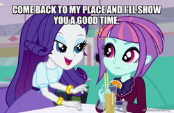 Size: 800x521 | Tagged: safe, derpibooru import, edit, edited screencap, screencap, rarity, sunny flare, dance magic, equestria girls, spoiler:eqg specials, caption, clothes, female, image macro, text