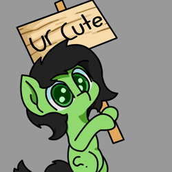 Size: 2000x2000 | Tagged: safe, artist:exoticeon, derpibooru import, oc, oc:anon filly, earth pony, bipedal, female, filly, holding sign, sign, solo