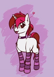 Size: 1527x2160 | Tagged: safe, artist:koshakevich, derpibooru import, oc, oc only, oc:vetta, unicorn, clothes, collar, socks, solo, stockings, striped socks, thigh highs