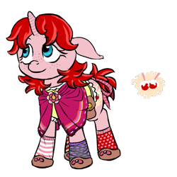 Size: 900x900 | Tagged: safe, artist:multiverseequine, derpibooru exclusive, derpibooru import, oc, oc only, oc:peony blitz, pony, unicorn, bag, bottomless, bow, clothes, cutie mark, daybreak island, female, freckles, horn, mismatched socks, nudity, partial nudity, ribbon, saddle bag, shawl, shoes, simple background, small, socks, solo, transparent background, unicorn oc