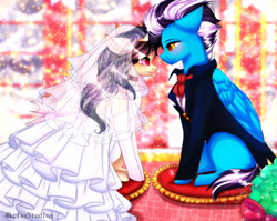 Size: 4000x3179 | Tagged: safe, artist:krissstudios, derpibooru import, oc, oc only, earth pony, pegasus, pony, blushing, bride, clothes, dress, female, groom, looking at you, male, mare, oc x oc, sitting, stallion, straight, suit, veil, wedding, wedding dress, wedding veil