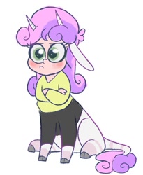 Size: 1147x1400 | Tagged: safe, artist:smirk, derpibooru import, sweetie belle, bicorn, centaur, centaurified, clothes, crossed arms, full body, horn, multiple horns, pouting, simple background, solo, species swap, white background