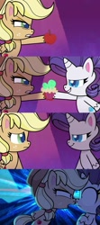 Size: 954x2144 | Tagged: safe, derpibooru import, edit, edited screencap, screencap, applejack, rarity, earth pony, pony, unicorn, dear tabby, my little pony: pony life, >:o, abuse, angry, apple, applejack's hat, bipedal, clothes, comic, cowboy hat, cupcake, duo, duo female, female, food, hat, lightning, o, o mouth, open mouth, ragejack, screencap comic, shocked, template