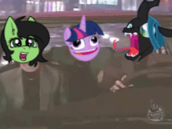 Size: 292x220 | Tagged: safe, artist:duop-qoub, derpibooru import, edit, queen chrysalis, twilight sparkle, oc, oc:colt anon, alicorn, changeling, changeling queen, earth pony, pony, animated, earth pony oc, edited gif, faic, fanfic art, female, gif, open mouth, pudding face