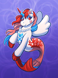 Size: 942x1261 | Tagged: safe, artist:ryokonokalo, derpibooru import, oc, oc only, alicorn, merpony, pony, seapony (g4), blue background, digital art, female, fins, fish tail, flowing mane, flowing tail, horn, jewelry, mermaid tail, necklace, pearl necklace, red eyes, simple background, smiling, solo, starfish, tail, wings