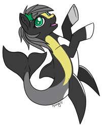 Size: 945x1164 | Tagged: safe, artist:papercutpony, derpibooru import, oc, oc only, hybrid, merpony, original species, seapony (g4), shark, shark pony, digital art, dorsal fin, female, fish tail, flowing tail, gray mane, green eyes, open mouth, signature, simple background, smiling, solo, starfish, tail, white background