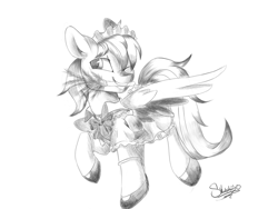 Size: 1600x1200 | Tagged: safe, artist:sketchiix3, derpibooru import, oc, oc only, oc:cold front, pegasus, pony, bow, clothes, crossdressing, dress, duster, maid, maid headdress, mouth hold, one eye closed, shoes, smiling, solo, stockings, thigh highs, wink