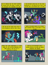 Size: 2448x3264 | Tagged: safe, artist:supahdonarudo, derpibooru import, princess skystar, queen novo, storm king, tempest shadow, oc, oc:king waverider, classical hippogriff, hippogriff, seapony (g4), unicorn, yeti, comic:the day the mountain fell, my little pony: the movie, cloud, comic, dark clouds, invasion, lightning, pearl, queen novo's orb, spear, storm creature, storm guard, trident, weapon