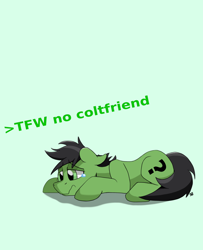 Size: 1588x1957 | Tagged: safe, artist:sefastpone, derpibooru import, oc, oc only, oc:anon pony, earth pony, pony, black mane, crying, digital art, eyebrows, eyebrows visible through hair, gay, green background, green eyes, greentext, lying down, male, prone, simple background, solo, stallion, teary eyes, text