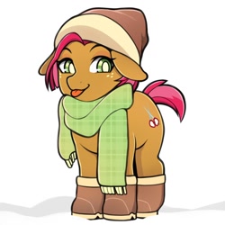 Size: 1040x1040 | Tagged: safe, artist:sugarelement, derpibooru import, babs seed, earth pony, pony, :p, boots, clothes, ears, female, filly, floppy ears, hat, scarf, shoes, snow, solo, tongue, tongue out, winter outfit