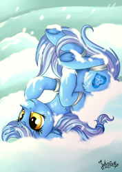 Size: 2894x4093 | Tagged: safe, artist:julunis14, derpibooru import, oc, oc:glacandra, unicorn, armband, commissioner:luxorianin, cute, female, freckles, legs in air, ocbetes, snow, snow on nose, underhoof, upside down