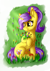 Size: 2894x4093 | Tagged: safe, artist:julunis14, derpibooru import, oc, oc only, oc:tulipan, unicorn, bouquet, chest fluff, commissioner:luxorianin, cute, ear fluff, ears, female, flower, flower in hair, ponytail, simple background, solo, transparent background, tulip