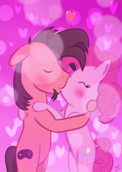 Size: 2090x2953 | Tagged: safe, artist:mrkat7214, derpibooru import, pinkie pie, oc, oc:ace play, earth pony, pony, bipedal, bipedal leaning, blushing, canon x oc, embrace, eyes closed, facial hair, female, goatee, heart, high res, kissing, leaning, male, pinkieplay, shipping, straight