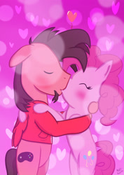 Size: 2090x2953 | Tagged: safe, alternate version, artist:mrkat7214, derpibooru import, pinkie pie, oc, oc:ace play, earth pony, pony, bipedal, bipedal leaning, blushing, canon x oc, clothes, embrace, eyes closed, facial hair, female, goatee, heart, high res, hoodie, kissing, leaning, male, pinkieplay, shipping, straight