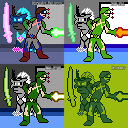 Size: 512x512 | Tagged: safe, artist:derek the metagamer, derpibooru import, ocellus, radiance, changeling, human, aseprite, city of heroes, city of heroes going rogue, dirk fission, energy beam, fight, game boy, nintendo entertainment system, palette swap, pixel art, power ponies, pre changedling ocellus, recolor, superhero, sword, weapon