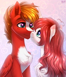 Size: 3000x3500 | Tagged: safe, artist:hakaina, derpibooru import, oc, oc only, alicorn, pegasus, pony, alicorn oc, chest fluff, eye contact, female, freckles, horn, looking at each other, male, mare, noseboop, nuzzling, smiling, stallion, wings
