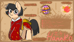 Size: 1280x720 | Tagged: safe, artist:metaruscarlet, derpibooru import, oc, oc only, oc:hanako (ice1517), earth pony, pony, ball, clothes, female, filly, kimono (clothing), reference sheet, solo