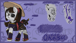 Size: 1280x720 | Tagged: safe, artist:metaruscarlet, derpibooru import, oc, oc only, oc:ohasu, earth pony, pony, armor, belt, boots, clothes, conical hat, eye scar, eyepatch, female, hat, katana, mare, ponytail, raised hoof, raised leg, reference sheet, scar, shirt, shoes, skirt, solo, sword, tattoo, weapon