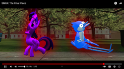 Size: 1366x768 | Tagged: safe, artist:smg4, screencap, twilight sparkle, twilight sparkle (alicorn), alicorn, anthro, bird, blue jay, pony, 3d, city, duo, glowing, meme, mordecai, mordetwi, open mouth, smg4, tree, youtube, youtube link