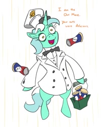 Size: 595x736 | Tagged: safe, artist:jargon scott, derpibooru import, lyra heartstrings, alicorn, pony, basket, bowtie, clothes, expensive imported oats, female, food, hoof hold, mare, oats, psychonauts, simple background, solo, uniform, white background