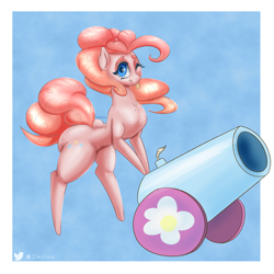 Size: 2500x2500 | Tagged: safe, artist:inky_mitts, derpibooru import, pinkie pie, earth pony, pony, ;p, balloonbutt, bipedal, bipedal leaning, butt, female, leaning, mare, one eye closed, party cannon, plot, solo, thighs, thunder thighs, tongue, tongue out, wink
