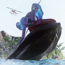 Size: 3000x3000 | Tagged: safe, alternate version, artist:dashie116, derpibooru import, princess luna, anthro, plantigrade anthro, 3d, alternate character, bikini, breasts, clothes, daz studio, female, jet ski, princess balloona, solo, swimsuit, water