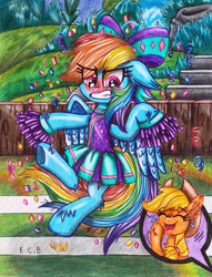 Size: 1280x1679 | Tagged: safe, artist:estrellasombria, derpibooru import, applejack, rainbow dash, pony, blushing, bow, cheerleader, cheerleader outfit, cheerleader rainbow dash, clothes, embarrassed, gritted teeth, laughing, rainbow dash always dresses in style, skirt