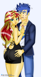 Size: 1500x2800 | Tagged: safe, artist:chuyryu, derpibooru import, flash sentry, sunset shimmer, equestria girls, 2 handfuls of dat ass, bare shoulders, breasts, bunset shimmer, butt, female, flashimmer, grabbing, kiss mark, lipstick, male, shipping, sideboob, sleeveless, straight, sunset jiggler