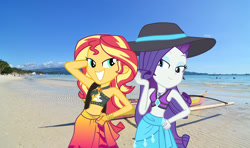 Size: 2331x1380 | Tagged: safe, artist:nathanamiel, derpibooru import, rarity, sunset shimmer, human, pony, better together, equestria girls, forgotten friendship, beach, belly button, bikini, clothes, duo, duo female, female, hat, irl, photo, ponies in real life, sarong, summer, sun hat, swimsuit