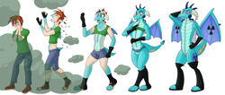 Size: 7220x3050 | Tagged: safe, artist:siblgi, derpibooru import, princess ember, dragon, human, balding, biohazard, boots, clothes, cloud, gloves, hand on hip, hazmat suit, human to dragon, living suit, nuclear, shoes, transformation, transformation sequence, transgender transformation, wing growth, zipper