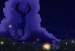 Size: 1280x877 | Tagged: safe, artist:heavysplatter, derpibooru import, ocellus, thorax, changedling, changeling, firefly (insect), ghost, insect, undead, cloud, duo, female, king thorax, looking up, male, night, the lion king