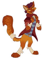 Size: 960x1280 | Tagged: safe, artist:faunsipaws, derpibooru import, capper dapperpaws, abyssinian, arm wraps, clothes, leg wraps, male, redesign, simple background, solo, tail, tail wrap, transparent background