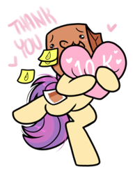 Size: 834x1090 | Tagged: safe, artist:paperbagpony, derpibooru import, oc, oc:paper bag, earth pony, pony, bipedal, crying, cute, fake cutie mark, female, happy, heart, mare, milestone, ocbetes, simple background, standing, standing on one leg, sticky note, tears of joy, white background