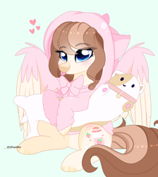 Size: 4500x5016 | Tagged: safe, artist:2pandita, derpibooru import, oc, pegasus, pony, absurd resolution, blue background, clothes, female, hoodie, mare, plushie, simple background, solo