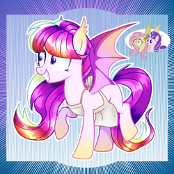 Size: 2048x2048 | Tagged: safe, artist:keeka-snake, derpibooru import, fluttershy, starlight glimmer, oc, bat pony, apron, bat ponified, clothes, female, flutterbat, magical lesbian spawn, mare, offspring, parent:fluttershy, parent:starlight glimmer, race swap, species swap