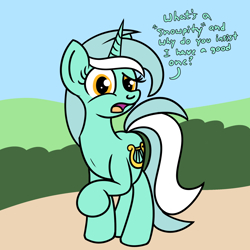 Size: 2000x2000 | Tagged: safe, artist:dafiltafish, derpibooru import, lyra heartstrings, pony, unicorn, confused, dialogue, female, looking at you, mare, open mouth, raised hoof, raised leg, snowpity, solo, text