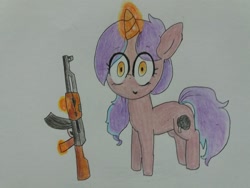 Size: 2064x1548 | Tagged: safe, artist:cherro, derpibooru import, oc, oc only, oc:love scene, pony, unicorn, ak, ak-47, assault rifle, gun, magic, rifle, solo, telekinesis, traditional art, weapon