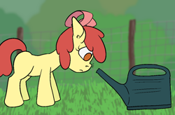 Size: 1024x671 | Tagged: safe, artist:happy harvey, derpibooru import, apple bloom, earth pony, pony, bow, colored pupils, drawn on phone, ear fluff, ears, female, fence, filly, floppy ears, grass, hair bow, smol, sniffing, watering can