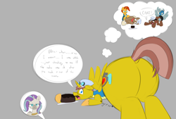 Size: 3496x2362 | Tagged: safe, artist:taurson, derpibooru import, caboose, full steam, promontory, silver lining, silver zoom, sunburst, oc, oc:heartstrong flare, oc:princess mythic majestic, alicorn, earth pony, pegasus, pony, unicorn, zebra, alicorn oc, alicorn princess, butt, cake, clothes, commissioner:bigonionbean, cutie mark, dialogue, embarrassed, female, flank, food, fusion, fusion:heartstrong flare, fusion:princess mythic majestic, glasses, goggles, hat, horn, jewelry, large butt, male, mare, plate, plot, shocked, shocked expression, stallion, thought bubble, unamused, uniform, wings, wonderbolt trainee uniform, wonderbolts uniform, writer:bigonionbean